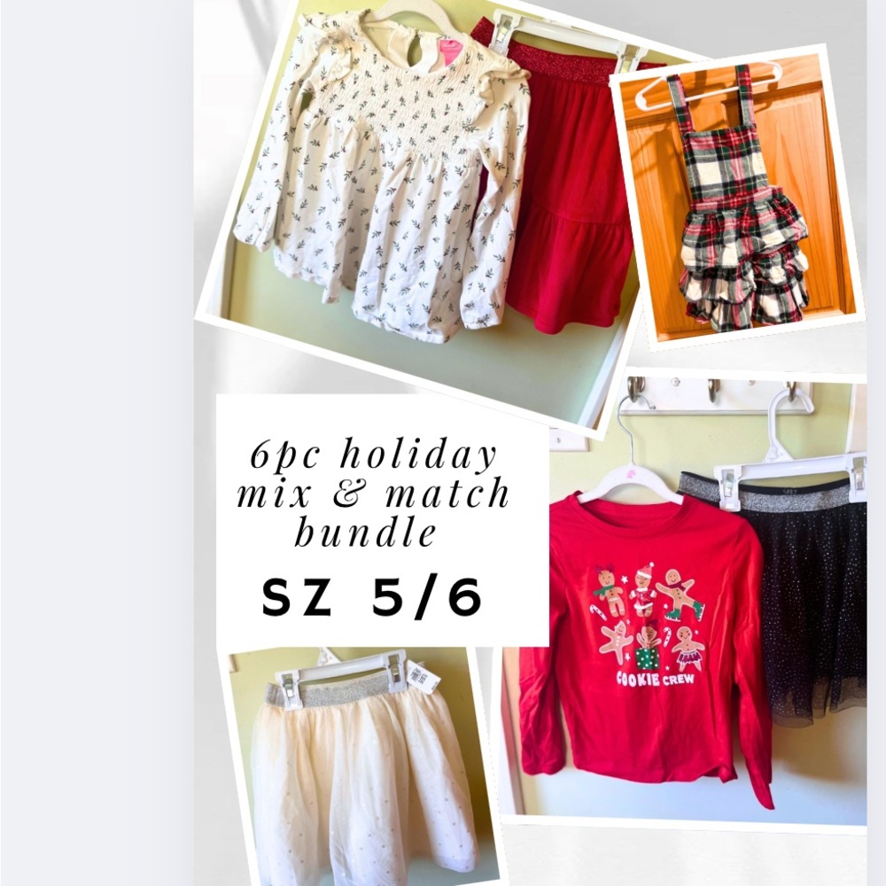 6pc Sz 5/6 Holiday Outfit Bundle Velour, Tutu, Holly Blouse, coverall EU & NWT